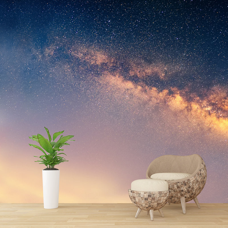 Night Sky Galaxy Printed Mural in Blue-Yellow Modernist Wall Art for Living Room