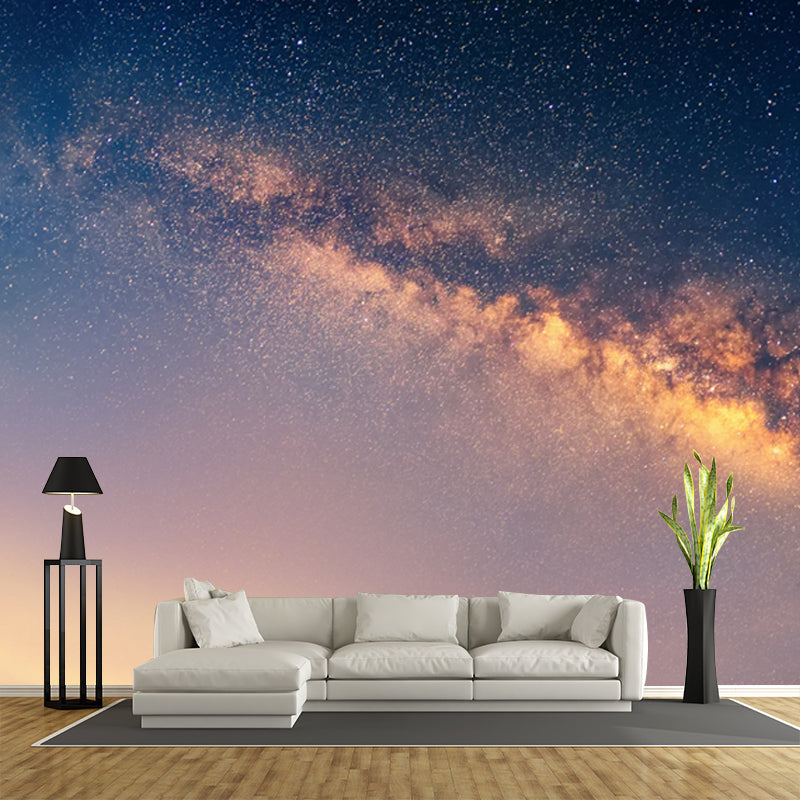 Night Sky Galaxy Printed Mural in Blue-Yellow Modernist Wall Art for Living Room
