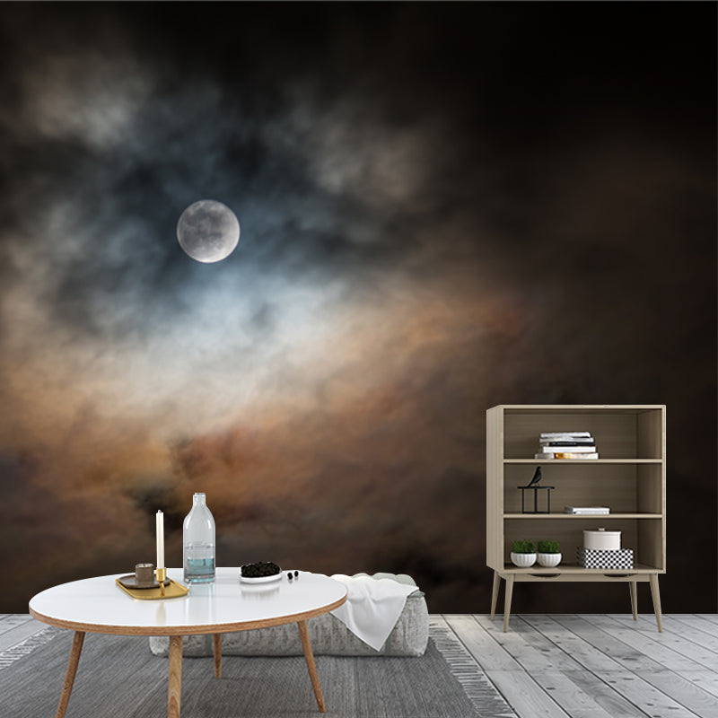 Full Moon Behind Clouds Mural Black-Yellow Modern Style Wall Art for Living Room