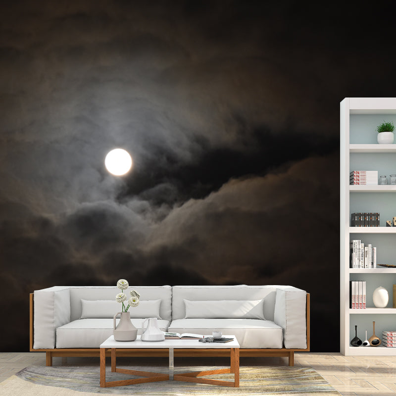 Huge Cloudy Moon Night Mural Grey-Black Non-Woven Wall Decor, Stain Resistant, Custom Size