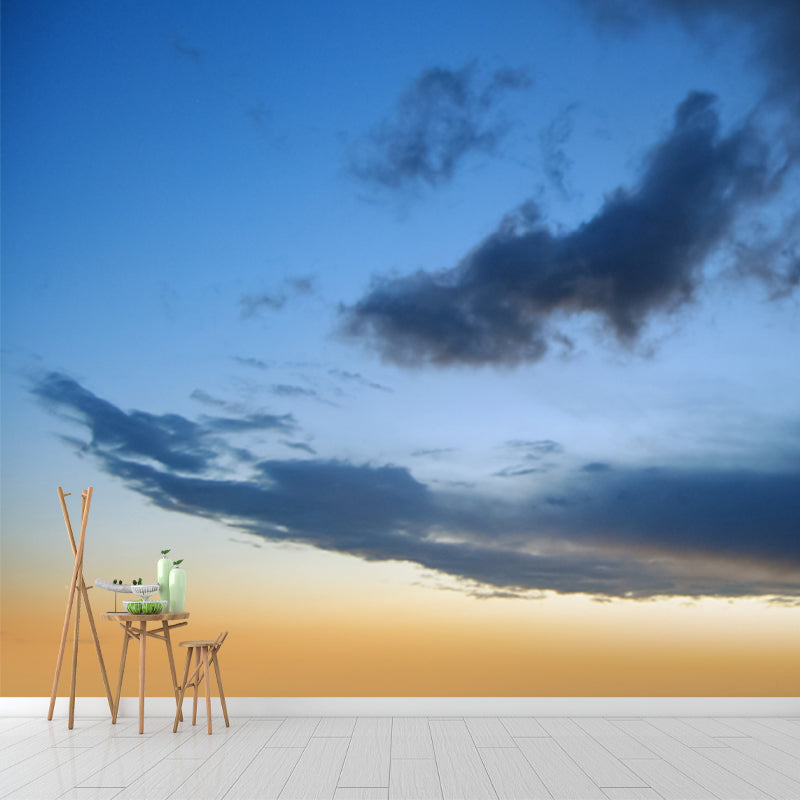 Modern Nightfall Cloud Mural Decal Blue-Yellow Stain Proof Wall Decor for Living Room