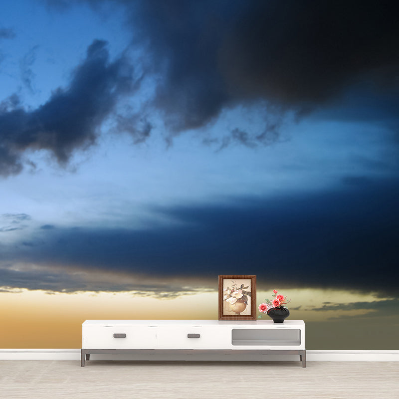 Modern Nightfall Cloud Mural Decal Blue-Yellow Stain Proof Wall Decor for Living Room