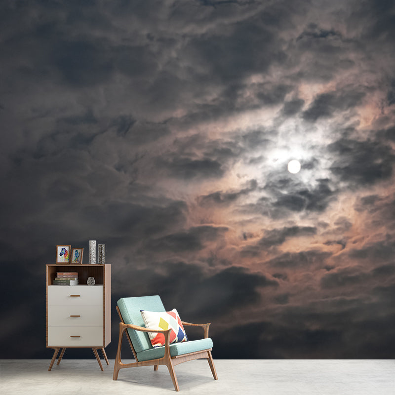 Grey-White Modern Wallpaper Mural Large Moon with Night Cloud Wall Decor for Home