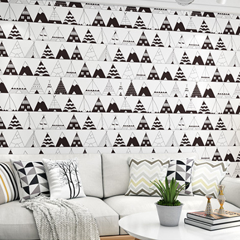 Bedroom and Coffee Shop Wallpaper with Black and White House and Triangle Design, 23.5-inch x 33-foot