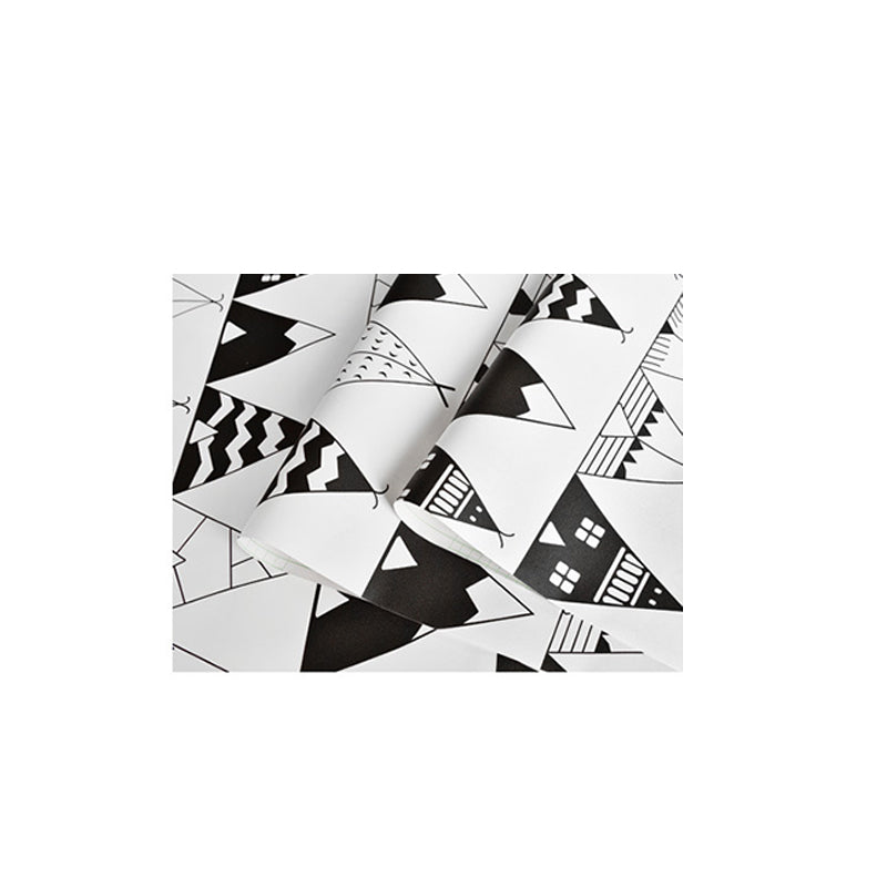 Bedroom and Coffee Shop Wallpaper with Black and White House and Triangle Design, 23.5-inch x 33-foot