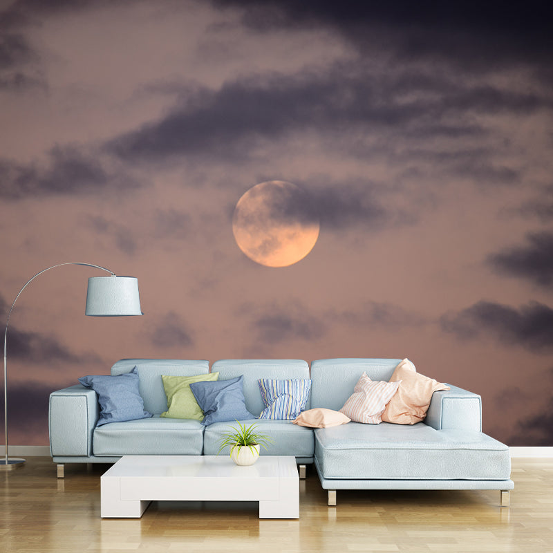 Misty Moon and Cloud Mural for Living Room, Grey-Yellow, Customized Size Available