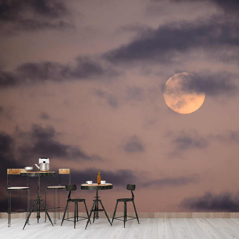 Misty Moon and Cloud Mural for Living Room, Grey-Yellow, Customized Size Available