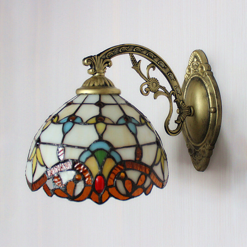 Beige Domed Wall Light with Engraved Arm 1 Light Tiffany Victoria Stained Glass Wall Lamp for Corridor