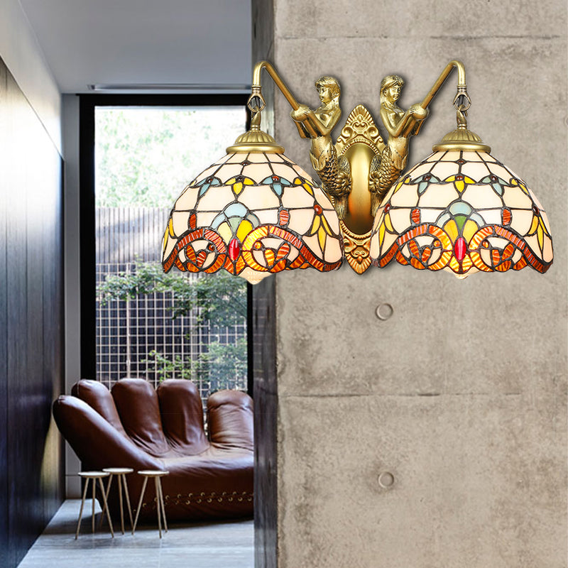 Brass Dome Wall Mount Light Baroque 2 Heads Beige Glass Sconce Light with Mermaid Decoration