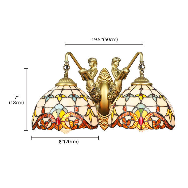 Brass Dome Wall Mount Light Baroque 2 Heads Beige Glass Sconce Light with Mermaid Decoration