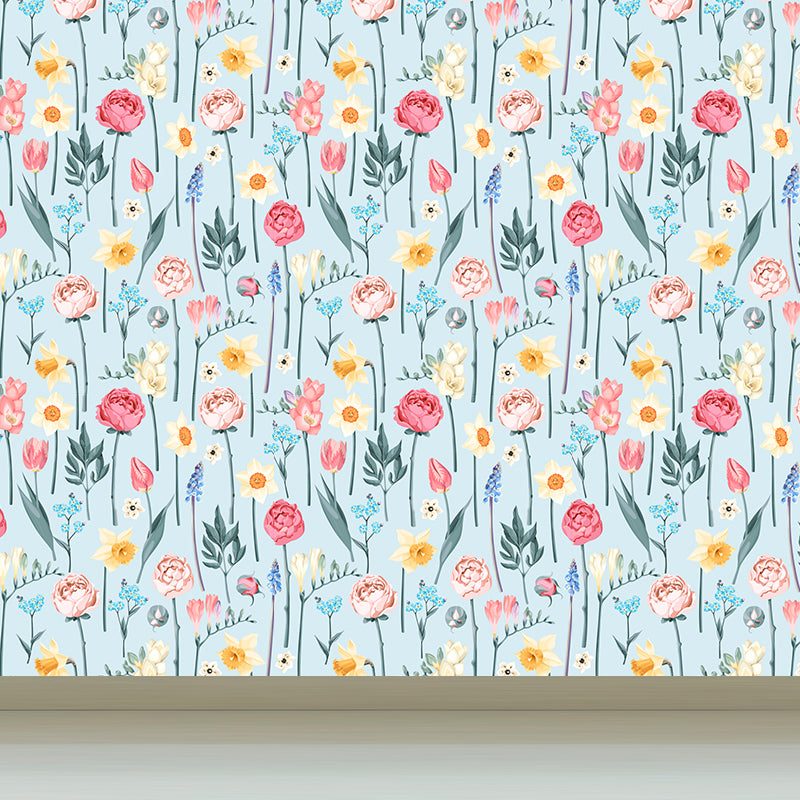 Pastel Blossoming Flowers Wall Mural Waterproofing Contemporary Girls Room Wall Art