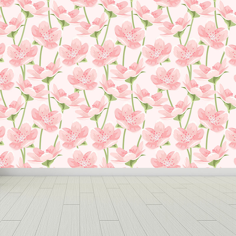 Trendy Blooming Flowers Mural Decal Non-Woven Washable Soft Color Wall Decor for Bedroom