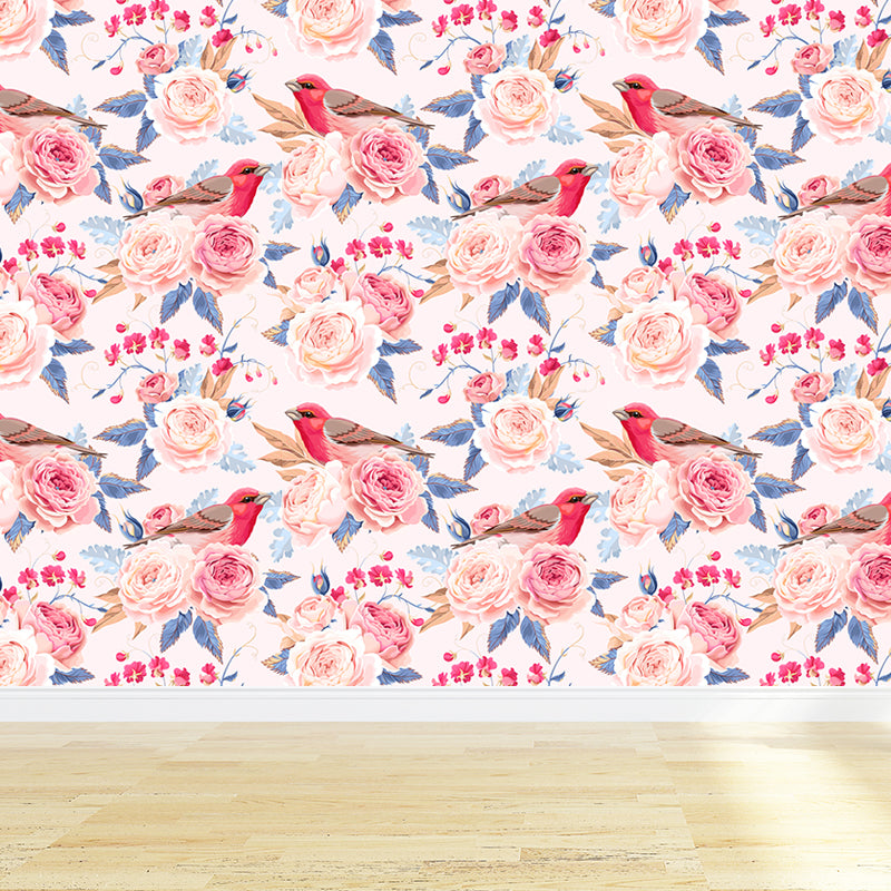 Modern Flower Rose Bloom Mural Pastel Moisture Resistant Wall Decor for Girls Room