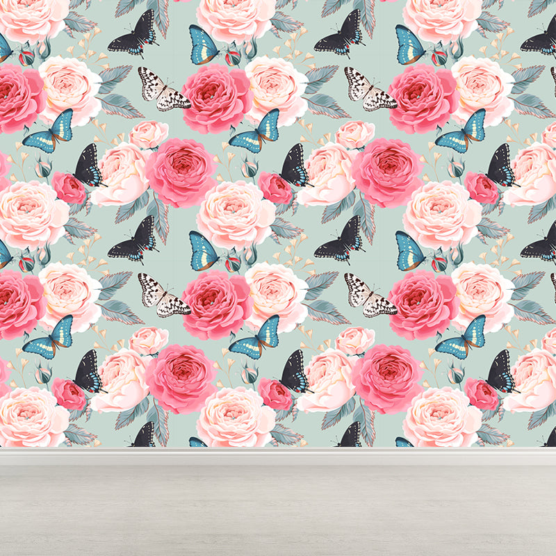 Modern Flower Rose Bloom Mural Pastel Moisture Resistant Wall Decor for Girls Room