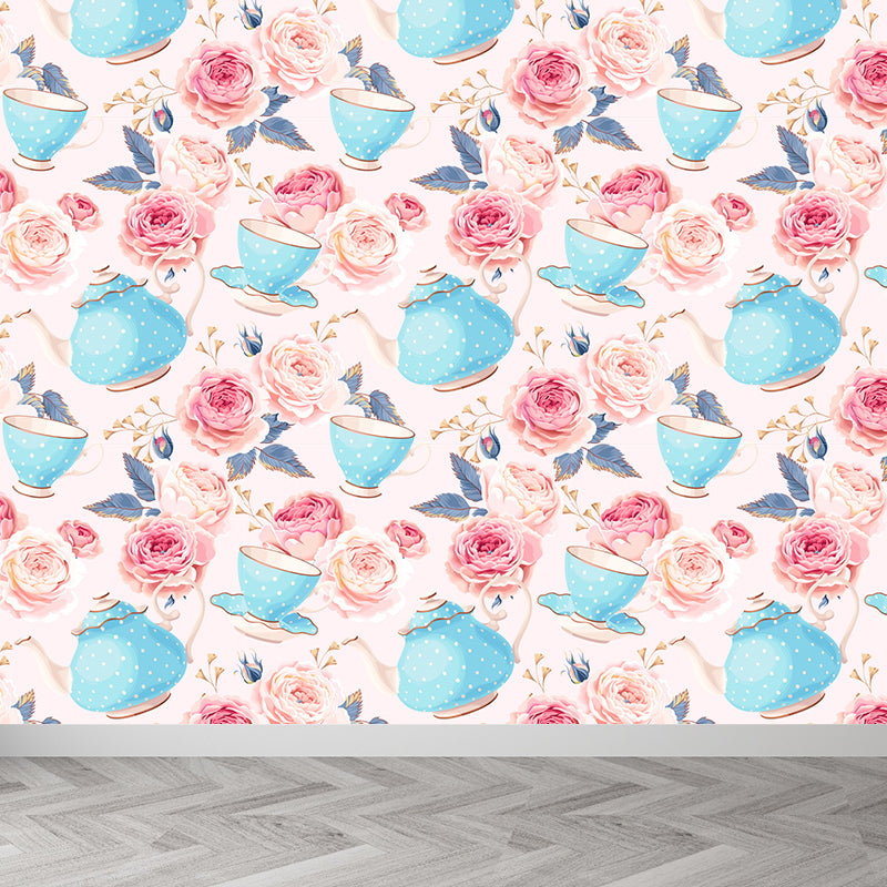 Modern Flower Rose Bloom Mural Pastel Moisture Resistant Wall Decor for Girls Room