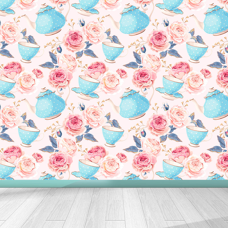 Modern Flower Rose Bloom Mural Pastel Moisture Resistant Wall Decor for Girls Room