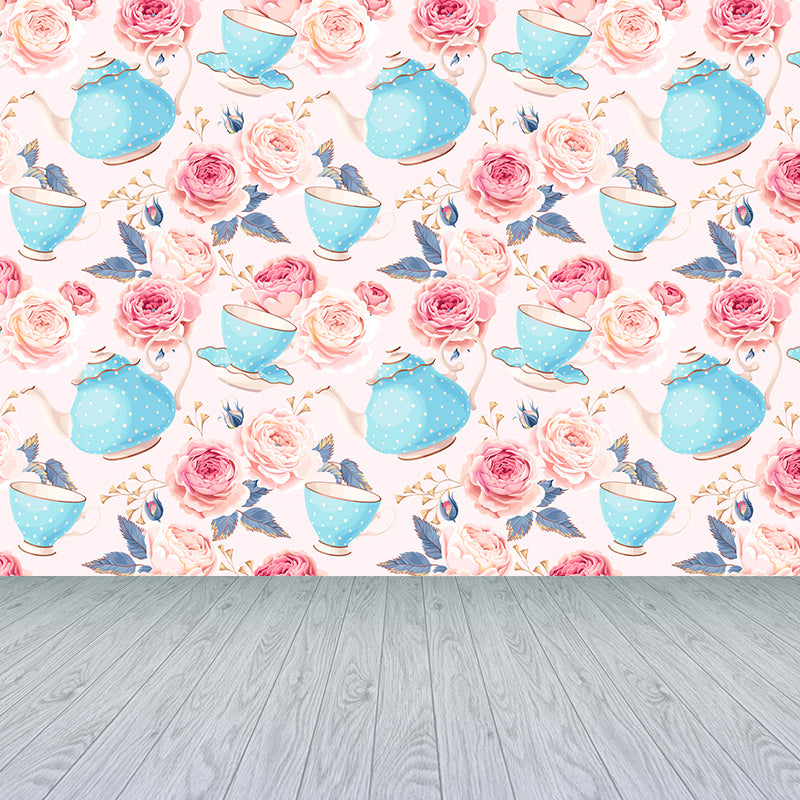 Modern Flower Rose Bloom Mural Pastel Moisture Resistant Wall Decor for Girls Room