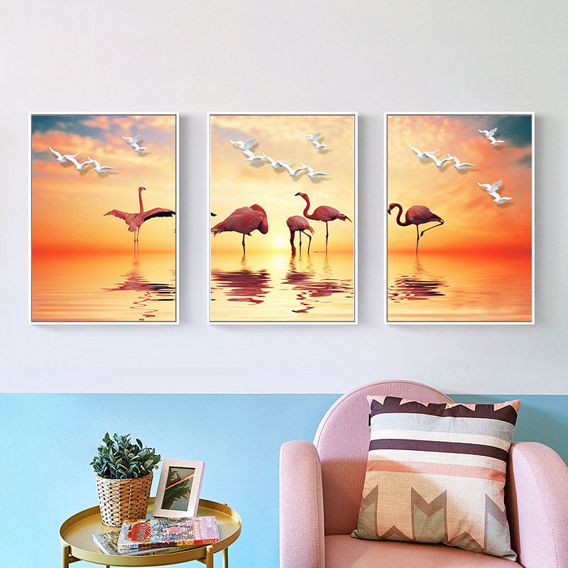 Tropical Flamingo and Seagull Canvas Orange Decorative Art Print for Living Room