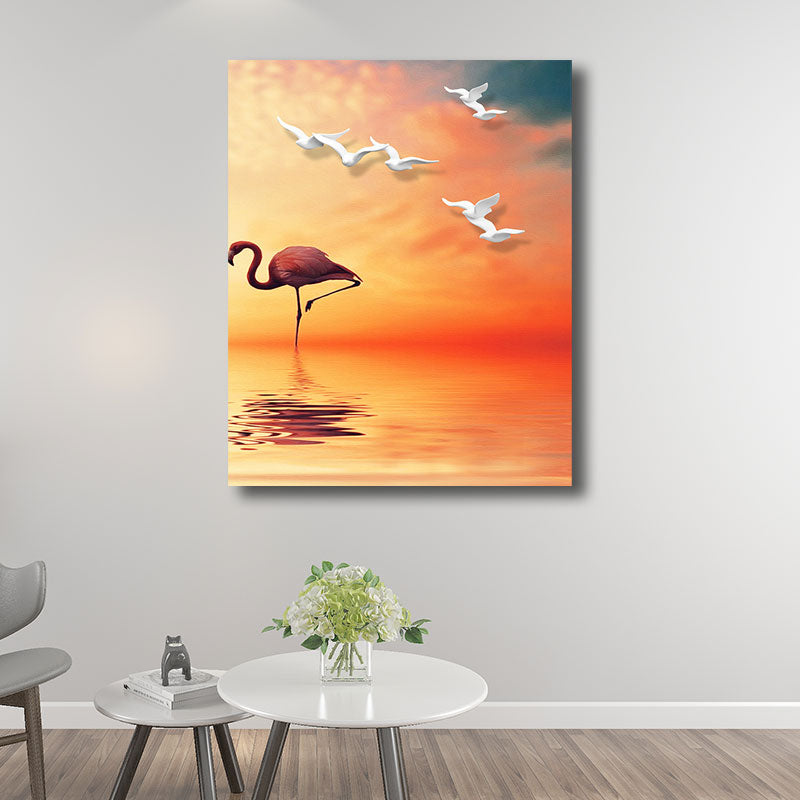 Tropical Flamingo and Seagull Canvas Orange Decorative Art Print for Living Room