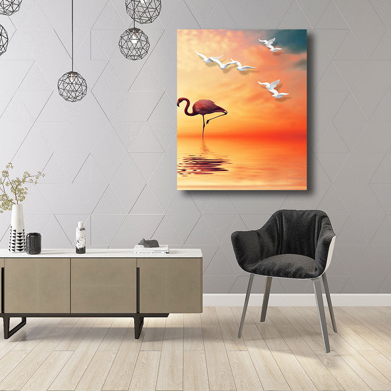 Tropical Flamingo and Seagull Canvas Orange Decorative Art Print for Living Room