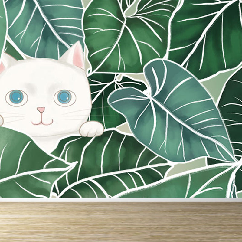 Leaves and Animal Mural Wallpaper Modern Non-Woven Material Wall Covering in Green