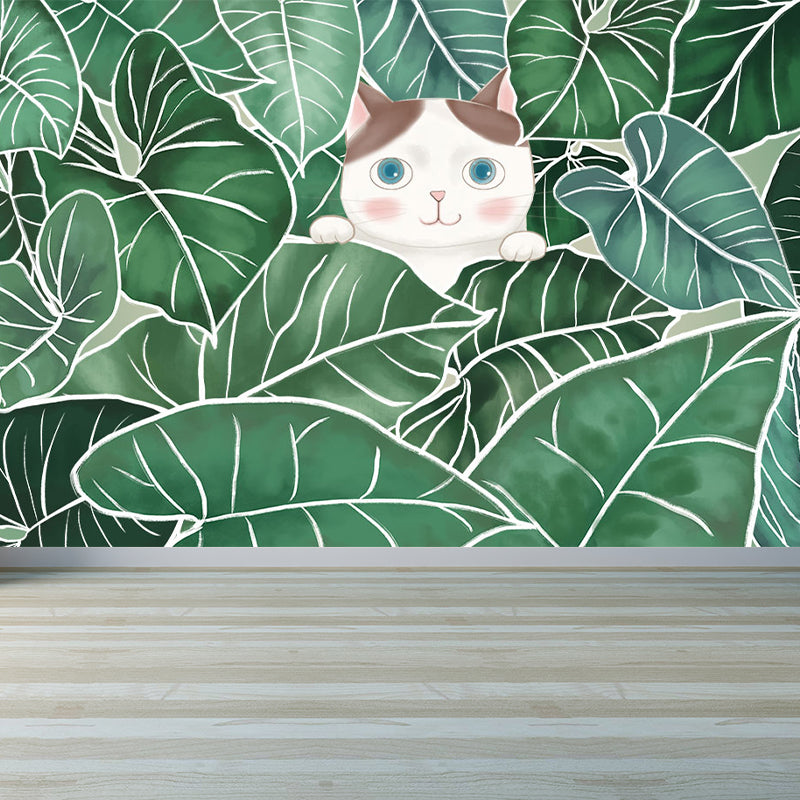 Leaves and Animal Mural Wallpaper Modern Non-Woven Material Wall Covering in Green