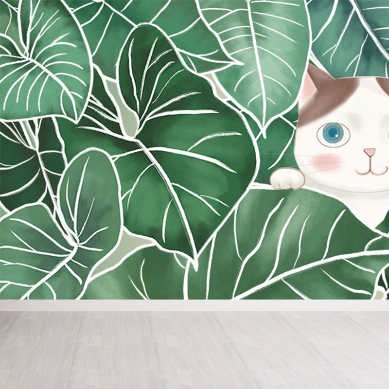 Leaves and Animal Mural Wallpaper Modern Non-Woven Material Wall Covering in Green