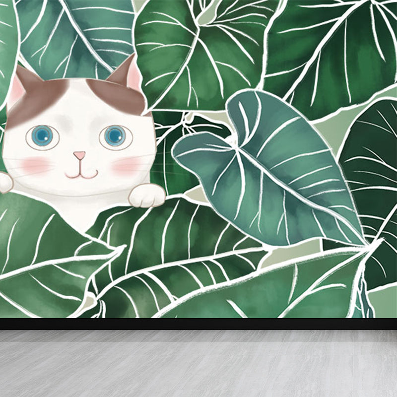 Leaves and Animal Mural Wallpaper Modern Non-Woven Material Wall Covering in Green