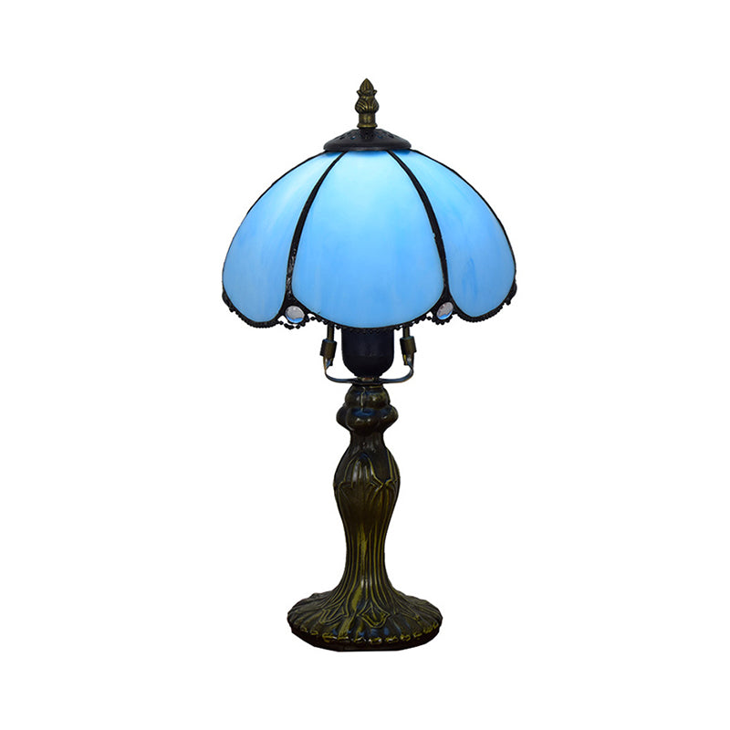 Traditionele koepelle leeslicht kunstglas 1 lichttafellicht met kalebasbasis in blauw/geel voor studieruimte