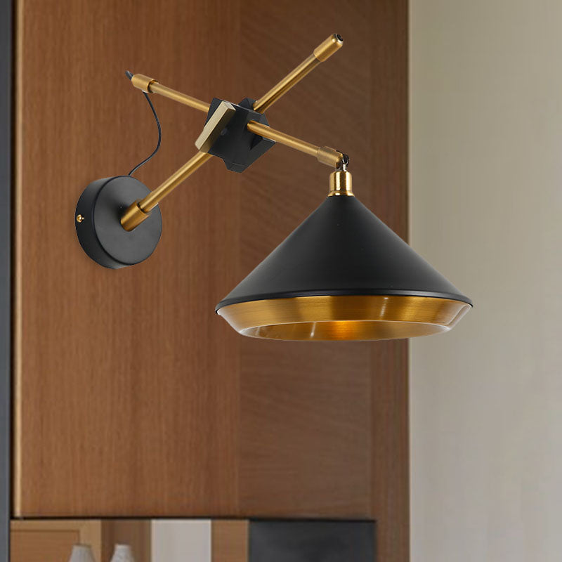 Retro Conical Swivelable Wall Light 1 Head Iron Sconce Lighting in Black/White and Brass Inner with X Arm