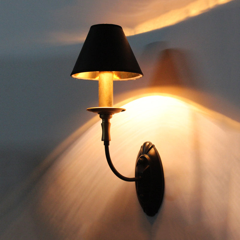 Black 1/2-Bulb Wall Lamp Sconce Vintage Fabric Barrel Wall Mounted Light with Curvy Arm for Hallway