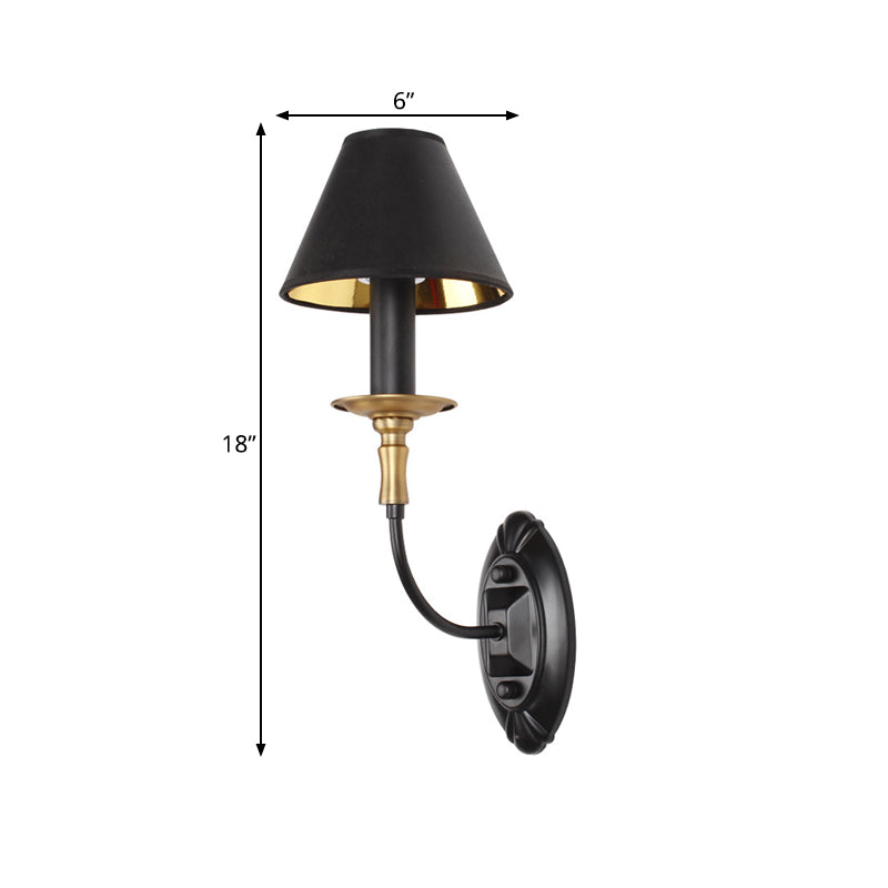 Black 1/2-Bulb Wall Lamp Sconce Vintage Fabric Barrel Wall Mounted Light with Curvy Arm for Hallway