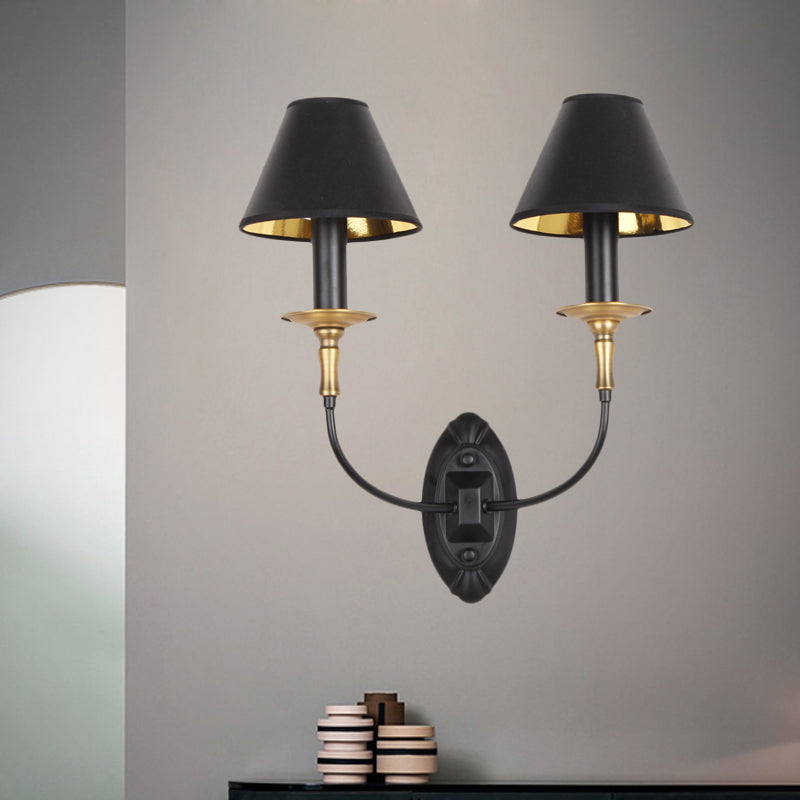 Black 1/2-Bulb Wall Lamp Sconce Vintage Fabric Barrel Wall Mounted Light with Curvy Arm for Hallway