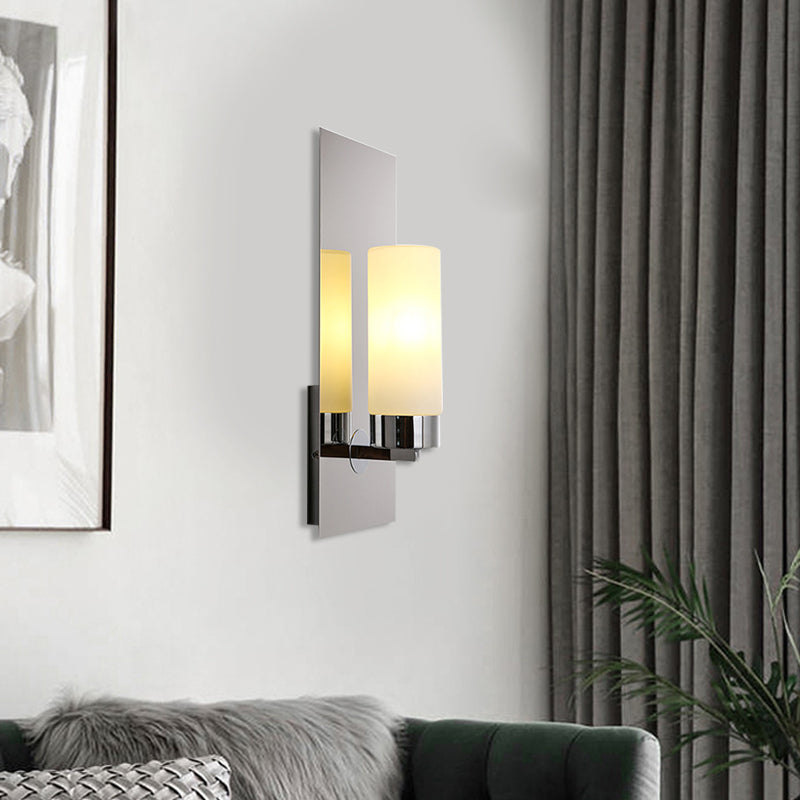 Chrome/Black Cylinder Sconce Lamp Traditional 1 Head Living Room Wall Mounted Light Fixture with Rectangular Backplate