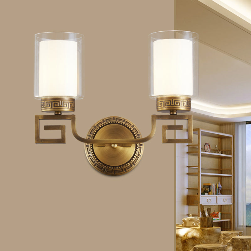 2 Lights Cylinder Sconce Lamp Colonialist Gold Clear and Opal Glass Wall Mounted Light Fixture
