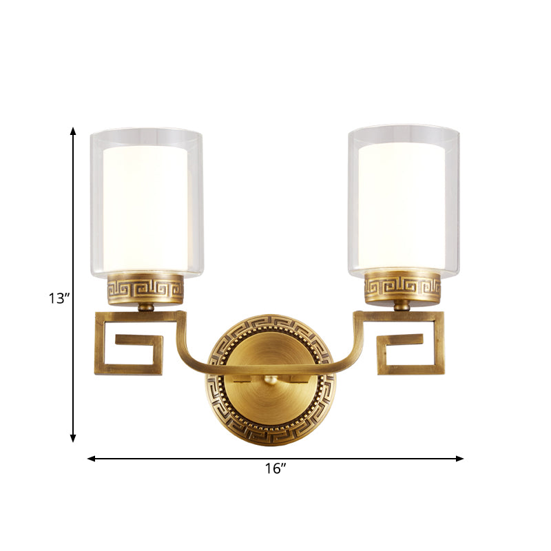 2 Lights Cylinder Sconce Lamp Colonialist Gold Clear and Opal Glass Wall Mounted Light Fixture
