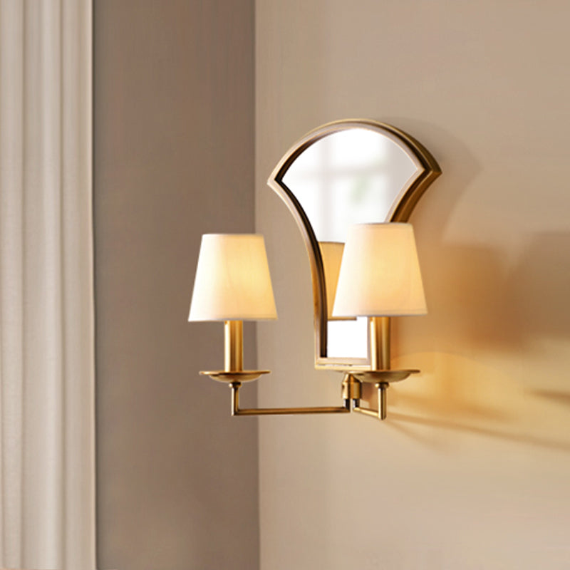 Retro Candlestick Wall Lamp 2 Bulbs Metal Sconce Light Fixture in Gold with Mirror and Fabric Empire Shade