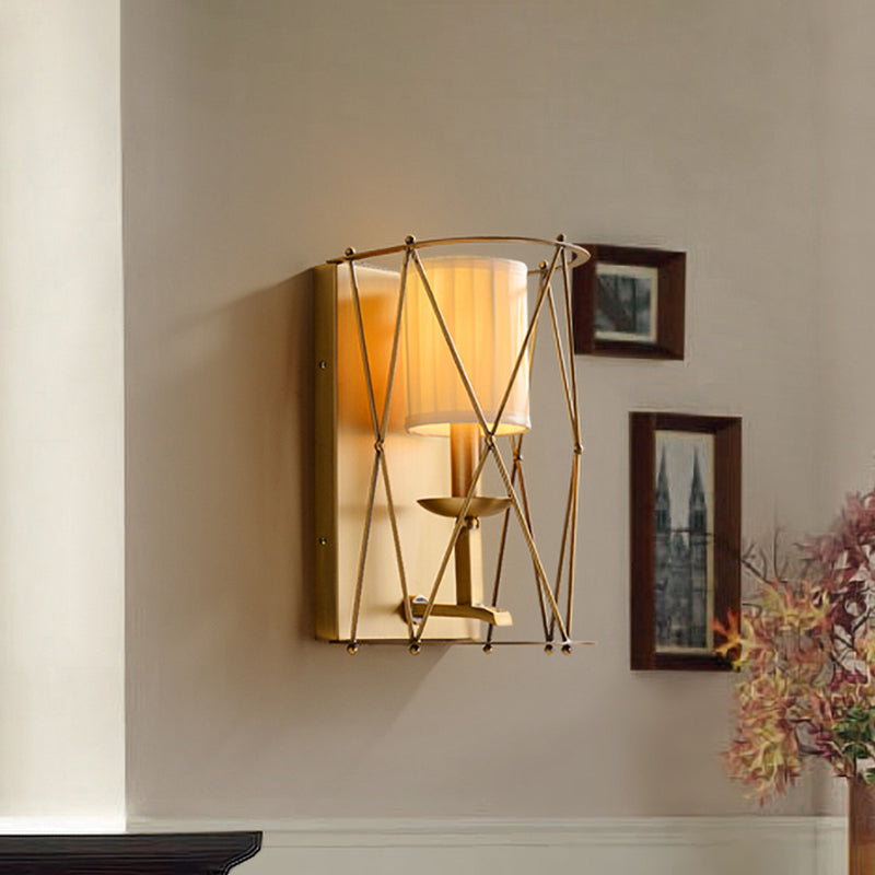 Lodges Cylindrical Wall Lighting Single Gathered Fabric Sconce with Gold Lattice Net