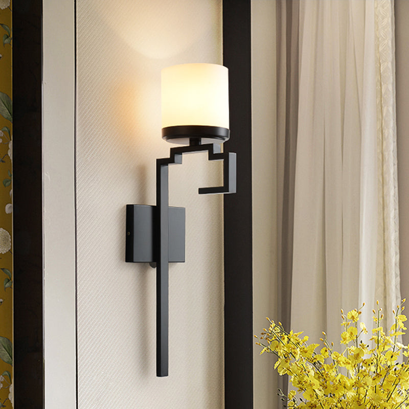 Ivory Glass Cup Wall Sconce Light Vintage Single Dining Room Wall Mounted Fixture with Black Long Arm