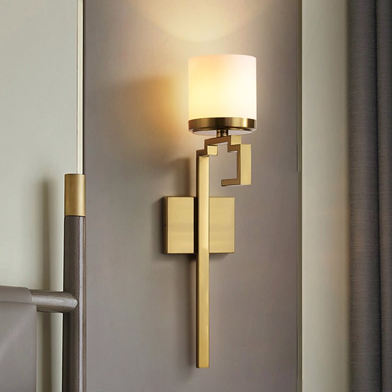 1 Bulb Pillar Sconce Lighting Mid Century Brass Opal Matte Glass Wall Light Fixture with Oriental Element