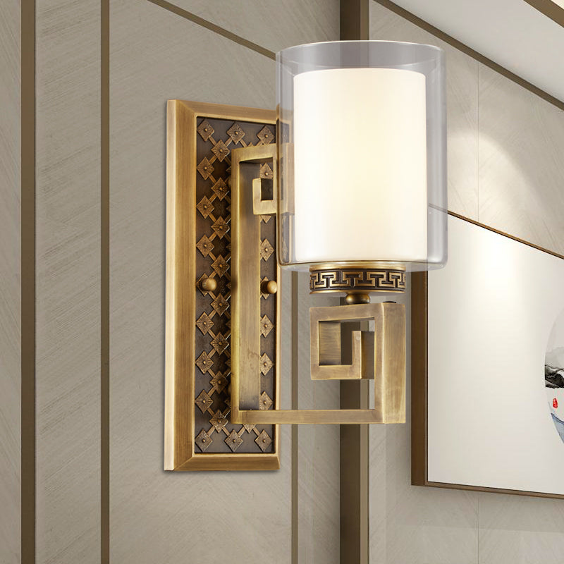 Antiqued Gold/Black Sconce Ideas Traditional Transparent and Matte Glass Dual Shade Pillar Wall Mounted Light