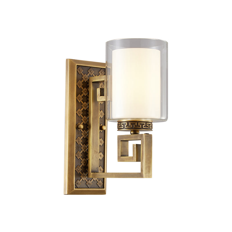 Antiqued Gold/Black Sconce Ideas Traditional Transparent and Matte Glass Dual Shade Pillar Wall Mounted Light