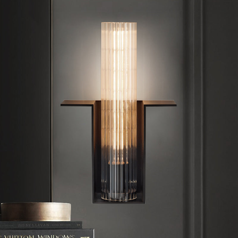 Single Translucent Glass Wall Light Kit Vintage Black Tube Bedroom Sconce Lighting Fixture with Slot Arm