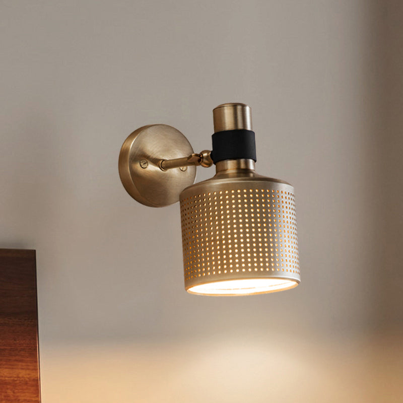 Cylinder Bedroom Wall Lamp Fixture Metal 1 Bulb Gold Sconce Wall Light with Cutout Design