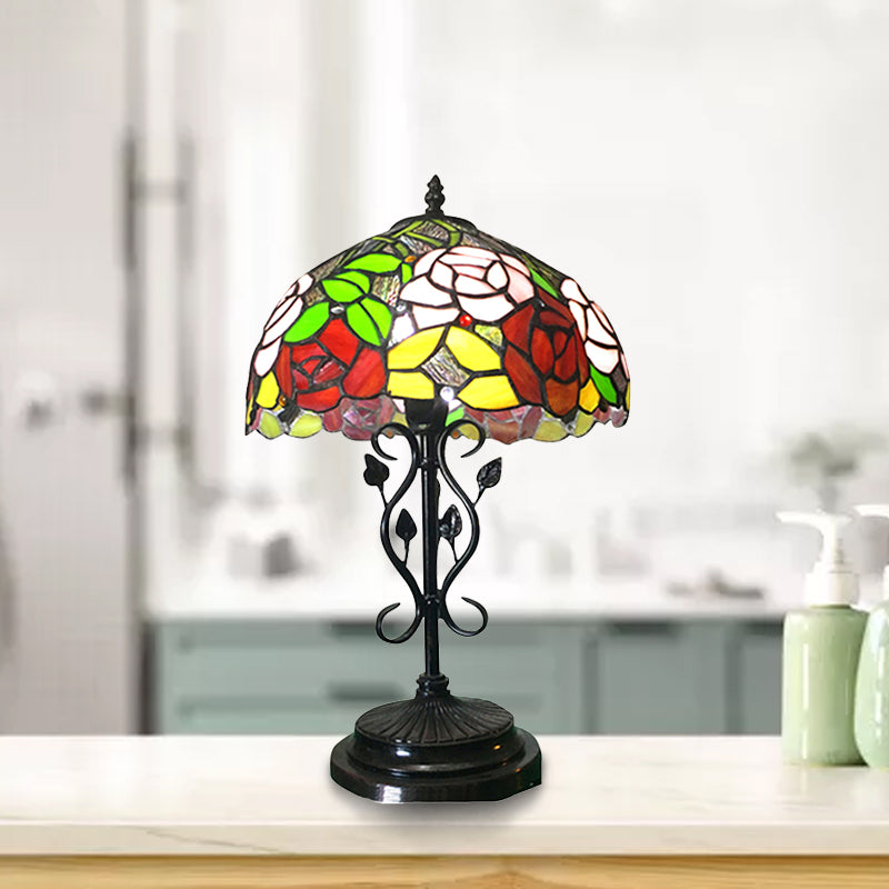 Buntglas Rosenschreibtisch Licht mit Blattbasis Büro 1 Glühbirnen Tiffany Rustikale Schreibtischlampe in schwarzer Finish