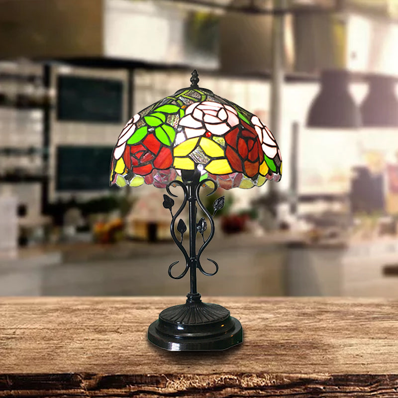 Stained Glass Rose Desk Light with Leaf Base Office 1 Bulb Tiffany Rustic Desk Lamp in Black Finish