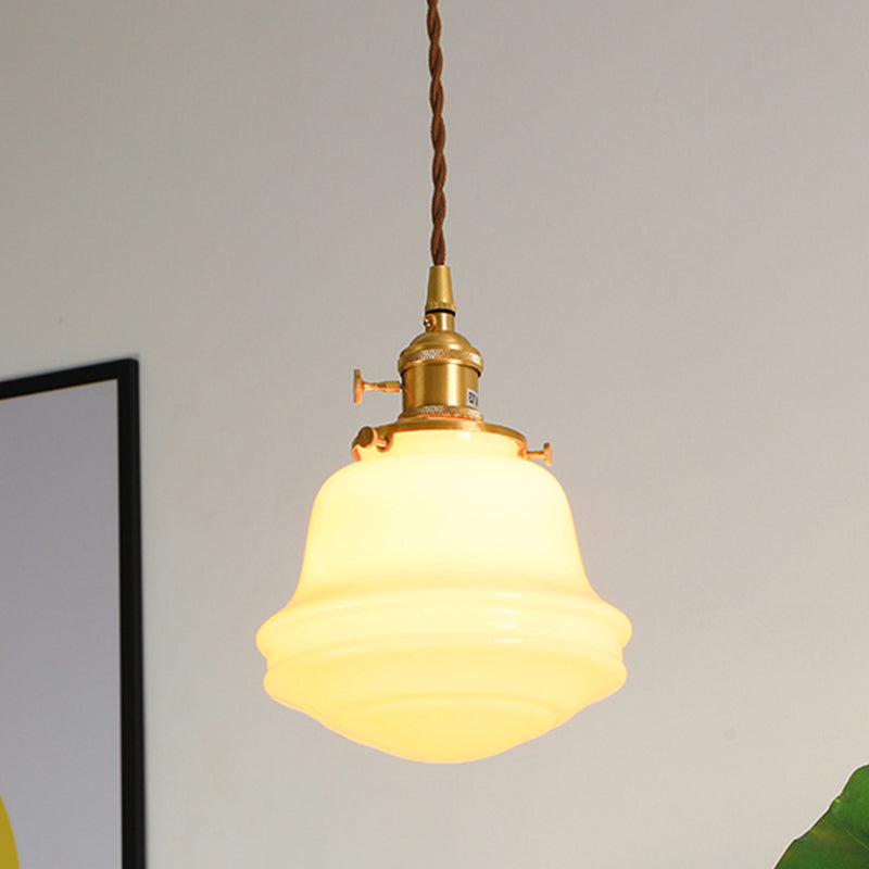 Milky Glass Bell Sconce Lighting Colonialist 1 Bulb Bedroom Wall Mounted Light in Gold with Cord/Straight Arm