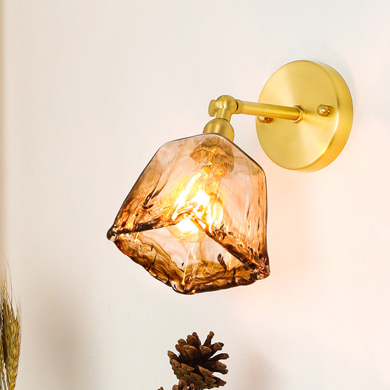 Tan Glass Gold Wall Light Shade Saucer/Funnel/Trapezoid 1-Head Colonial Wall Sconce Lighting Fixture for Bedroom