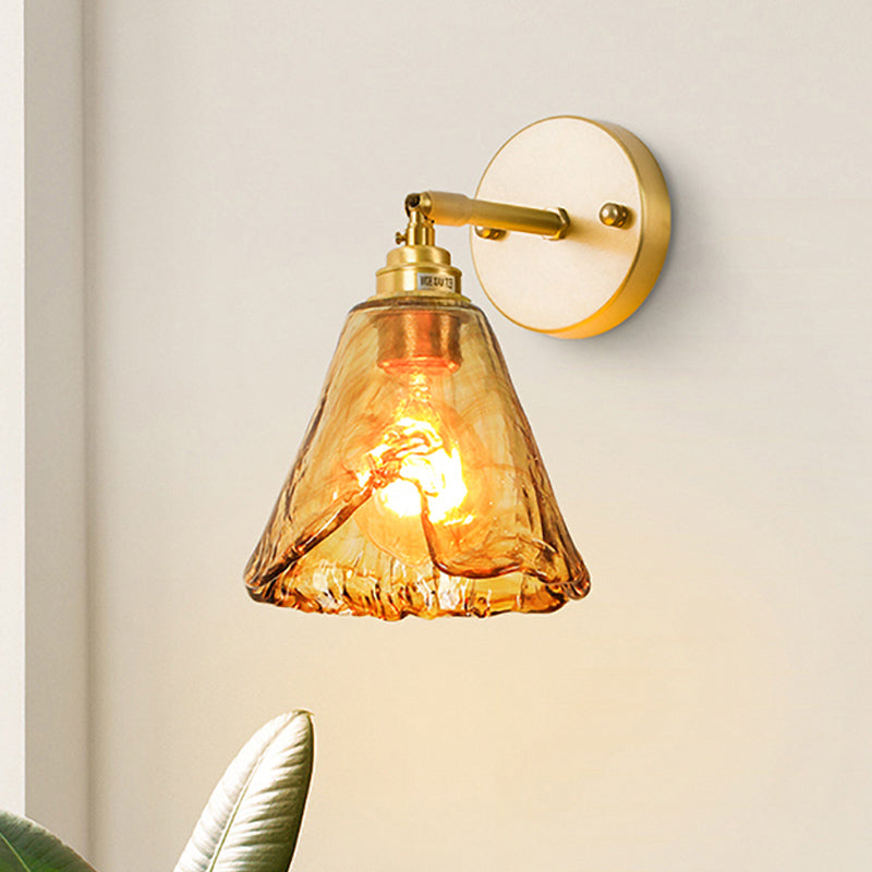 Tan Glass Gold Wall Light Shade Saucer/Funnel/Trapezoid 1-Head Colonial Wall Sconce Lighting Fixture for Bedroom