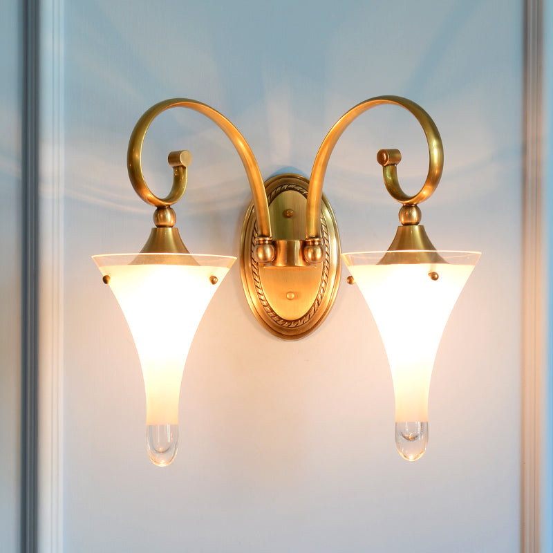 1/2-Head Flared Wall Light Sconce Colonial Gold Frosted White Glass Wall Lighting Fixture with Scrolled Arm